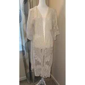 Rebellion Floral Kimono / Duster Boho Sheer Lace Swim Coverall Womens L Romantic